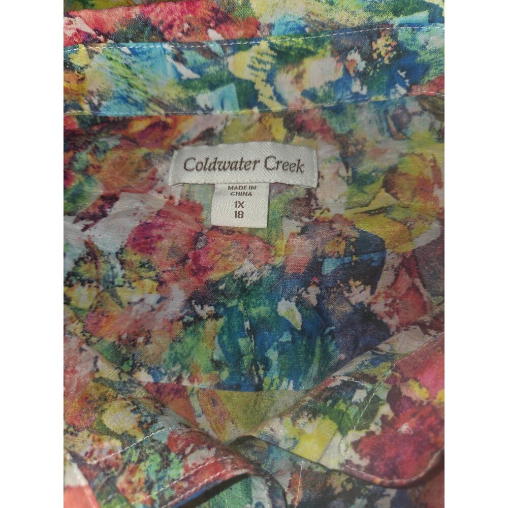Coldwater Creek Watercolor Floral Button Down 3/4 Sleeve Shirt Cotton Silk 1X - Picture 2 of 4